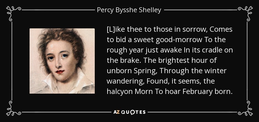 [L]ike thee to those in sorrow, Comes to bid a sweet good-morrow To the rough year just awake In its cradle on the brake. The brightest hour of unborn Spring, Through the winter wandering, Found, it seems, the halcyon Morn To hoar February born. - Percy Bysshe Shelley