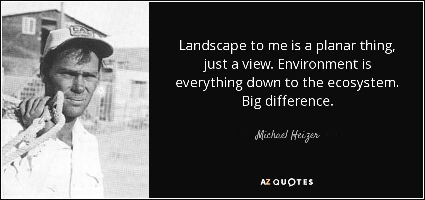 Landscape to me is a planar thing, just a view. Environment is everything down to the ecosystem. Big difference. - Michael Heizer