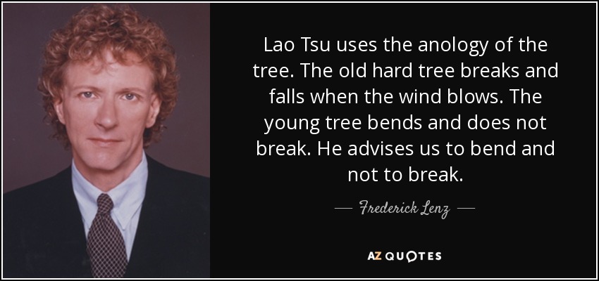 Lao Tsu uses the anology of the tree. The old hard tree breaks and falls when the wind blows. The young tree bends and does not break. He advises us to bend and not to break. - Frederick Lenz