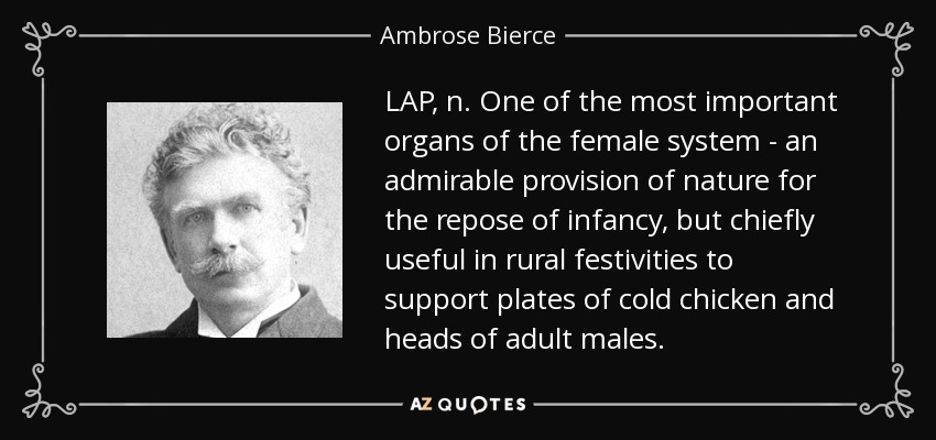LAP, n. One of the most important organs of the female system - an admirable provision of nature for the repose of infancy, but chiefly useful in rural festivities to support plates of cold chicken and heads of adult males. - Ambrose Bierce