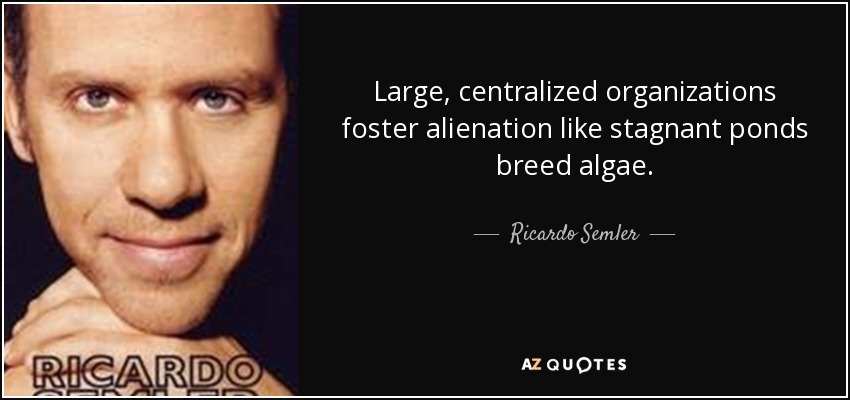 Large, centralized organizations foster alienation like stagnant ponds breed algae. - Ricardo Semler