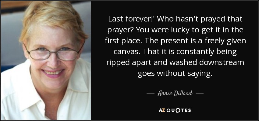 Last forever!' Who hasn't prayed that prayer? You were lucky to get it in the first place. The present is a freely given canvas. That it is constantly being ripped apart and washed downstream goes without saying. - Annie Dillard