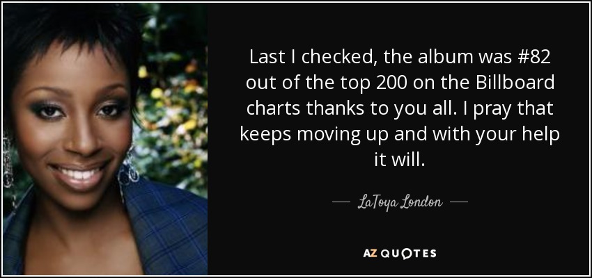 Last I checked, the album was #82 out of the top 200 on the Billboard charts thanks to you all. I pray that keeps moving up and with your help it will. - LaToya London