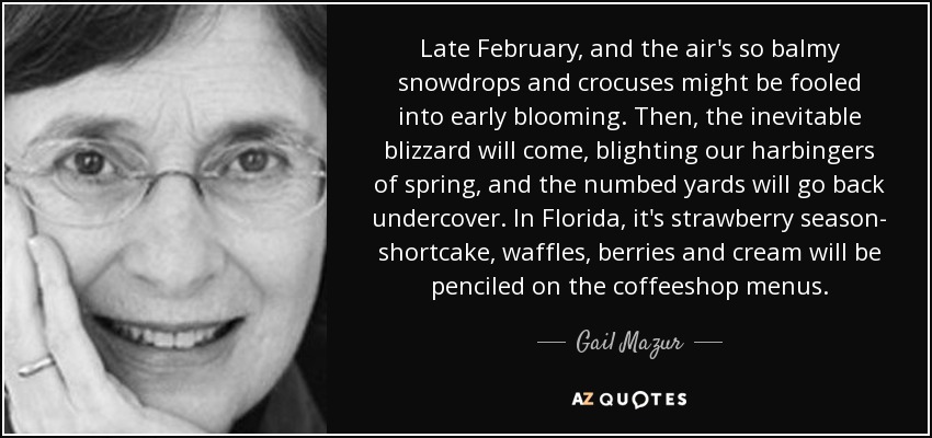 Late February, and the air's so balmy snowdrops and crocuses might be fooled into early blooming. Then, the inevitable blizzard will come, blighting our harbingers of spring, and the numbed yards will go back undercover. In Florida, it's strawberry season- shortcake, waffles, berries and cream will be penciled on the coffeeshop menus. - Gail Mazur