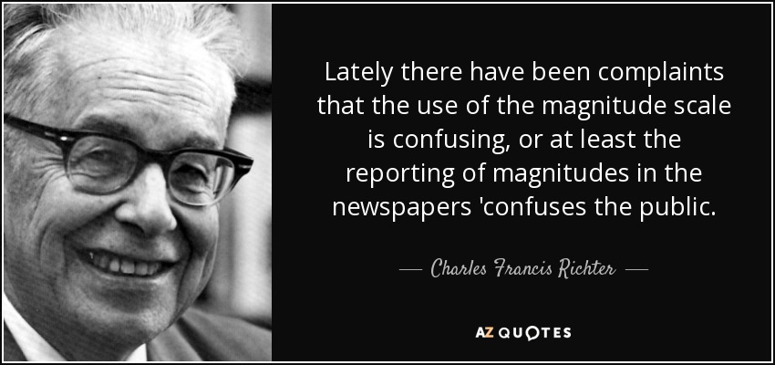Lately there have been complaints that the use of the magnitude scale is confusing, or at least the reporting of magnitudes in the newspapers 'confuses the public. - Charles Francis Richter