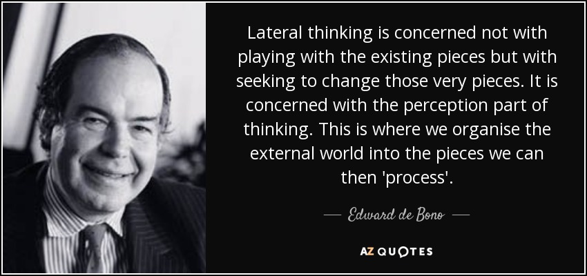 Lateral thinking is concerned not with playing with the existing pieces but with seeking to change those very pieces. It is concerned with the perception part of thinking. This is where we organise the external world into the pieces we can then 'process'. - Edward de Bono