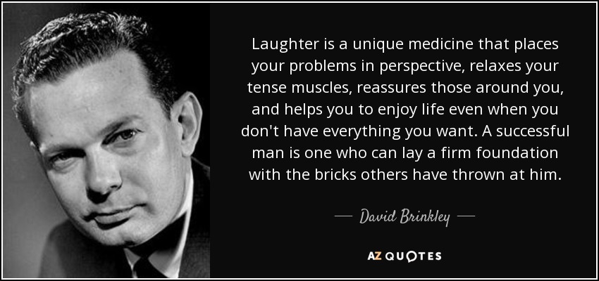 Laughter is a unique medicine that places your problems in perspective, relaxes your tense muscles, reassures those around you, and helps you to enjoy life even when you don't have everything you want. A successful man is one who can lay a firm foundation with the bricks others have thrown at him. - David Brinkley