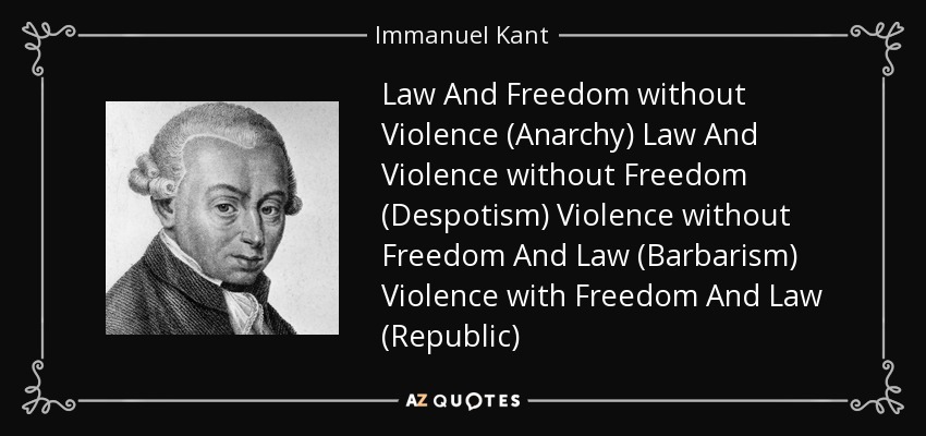 Law And Freedom without Violence (Anarchy) Law And Violence without Freedom (Despotism) Violence without Freedom And Law (Barbarism) Violence with Freedom And Law (Republic) - Immanuel Kant