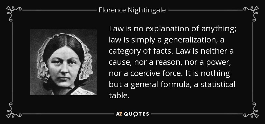 Law is no explanation of anything; law is simply a generalization, a category of facts. Law is neither a cause, nor a reason, nor a power, nor a coercive force. It is nothing but a general formula, a statistical table. - Florence Nightingale