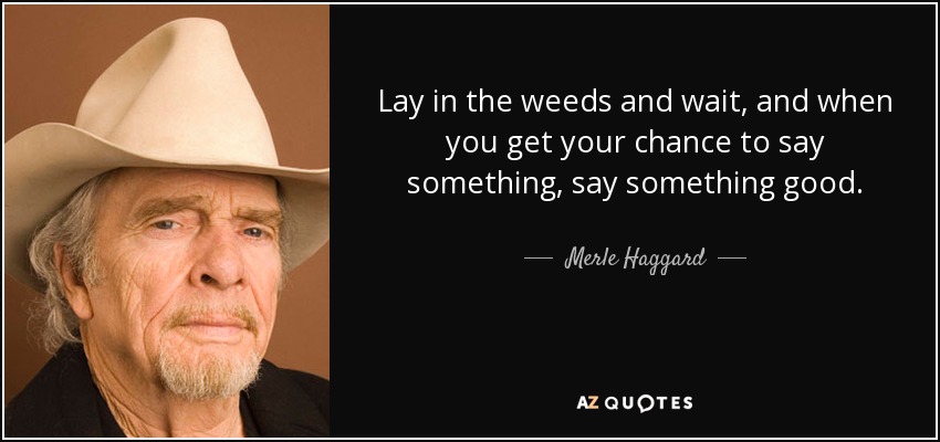 Lay in the weeds and wait, and when you get your chance to say something, say something good. - Merle Haggard