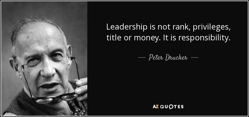 Leadership is not rank, privileges, title or money. It is responsibility. - Peter Drucker
