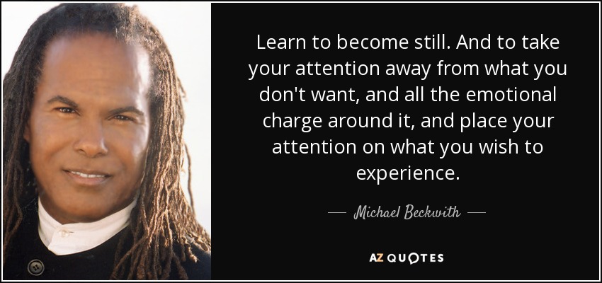 Learn to become still. And to take your attention away from what you don't want, and all the emotional charge around it, and place your attention on what you wish to experience. - Michael Beckwith