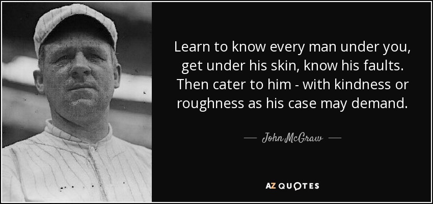 Learn to know every man under you, get under his skin, know his faults. Then cater to him - with kindness or roughness as his case may demand. - John McGraw