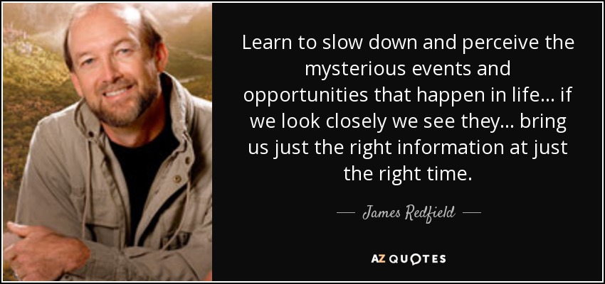Learn to slow down and perceive the mysterious events and opportunities that happen in life... if we look closely we see they... bring us just the right information at just the right time. - James Redfield
