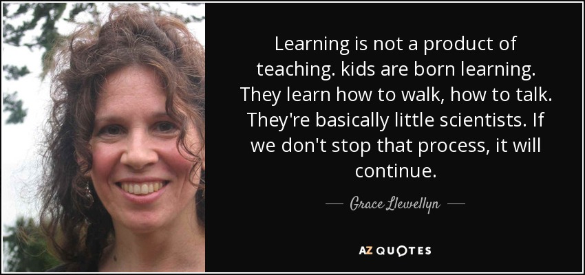 Learning is not a product of teaching . kids are born learning. They learn how to walk, how to talk. They're basically little scientists. If we don't stop that process, it will continue. - Grace Llewellyn