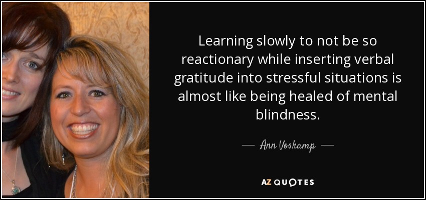 Learning slowly to not be so reactionary while inserting verbal gratitude into stressful situations is almost like being healed of mental blindness. - Ann Voskamp