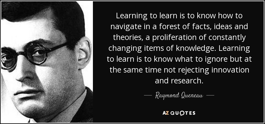 Learning to learn is to know how to navigate in a forest of facts, ideas and theories, a proliferation of constantly changing items of knowledge. Learning to learn is to know what to ignore but at the same time not rejecting innovation and research. - Raymond Queneau