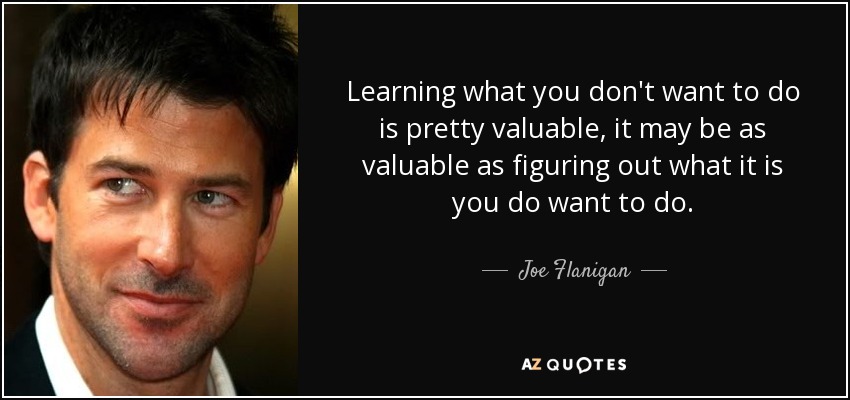 Learning what you don't want to do is pretty valuable, it may be as valuable as figuring out what it is you do want to do. - Joe Flanigan