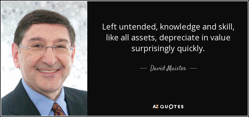 Left untended, knowledge and skill, like all assets, depreciate in value surprisingly quickly. - David Maister