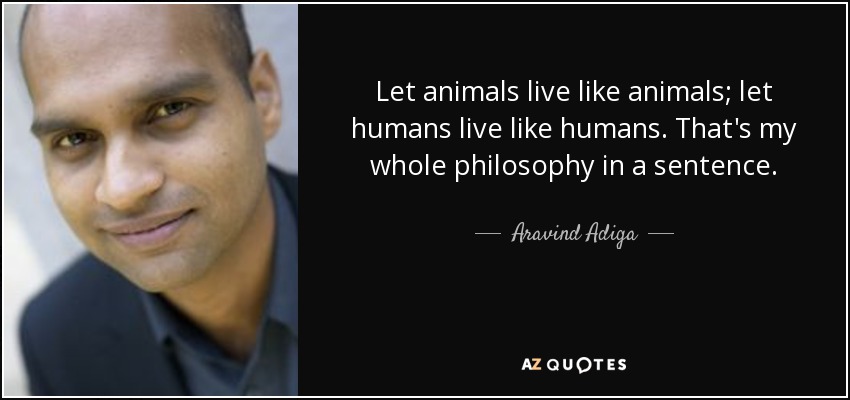 Let animals live like animals; let humans live like humans. That's my whole philosophy in a sentence. - Aravind Adiga