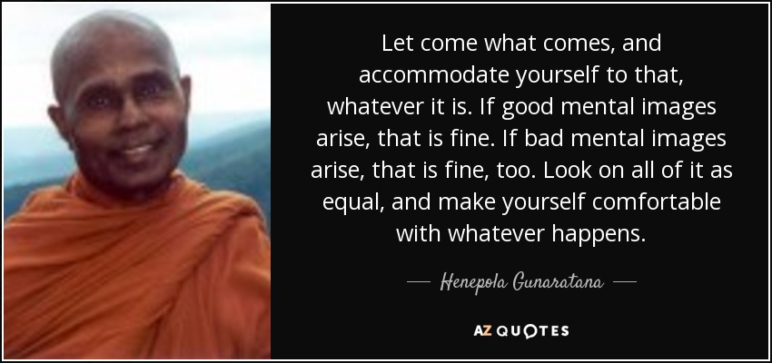 Let come what comes, and accommodate yourself to that, whatever it is. If good mental images arise, that is fine. If bad mental images arise, that is fine, too. Look on all of it as equal, and make yourself comfortable with whatever happens. - Henepola Gunaratana