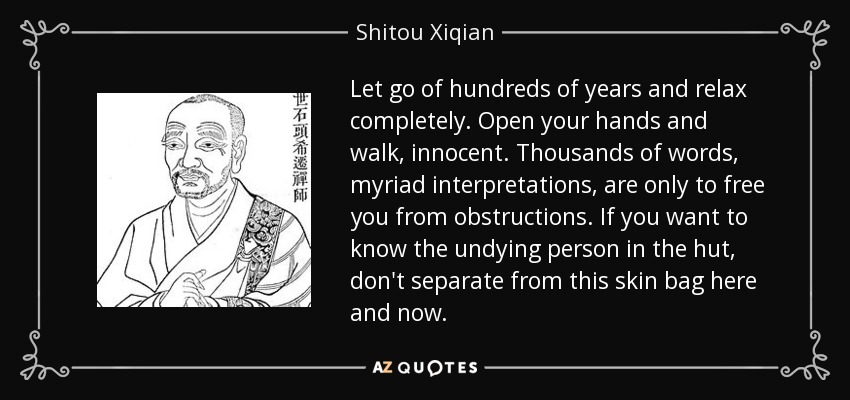 Let go of hundreds of years and relax completely. Open your hands and walk, innocent. Thousands of words, myriad interpretations, are only to free you from obstructions. If you want to know the undying person in the hut, don't separate from this skin bag here and now. - Shitou Xiqian