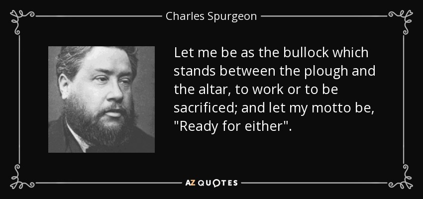 Let me be as the bullock which stands between the plough and the altar, to work or to be sacrificed; and let my motto be, 