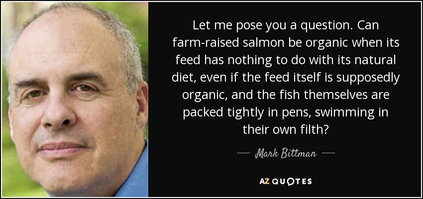 Let me pose you a question. Can farm-raised salmon be organic when its feed has nothing to do with its natural diet, even if the feed itself is supposedly organic, and the fish themselves are packed tightly in pens, swimming in their own filth? - Mark Bittman