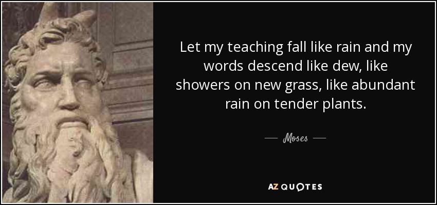 Let my teaching fall like rain and my words descend like dew, like showers on new grass, like abundant rain on tender plants. - Moses