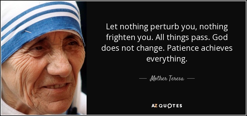 Let nothing perturb you, nothing frighten you. All things pass. God does not change. Patience achieves everything. - Mother Teresa