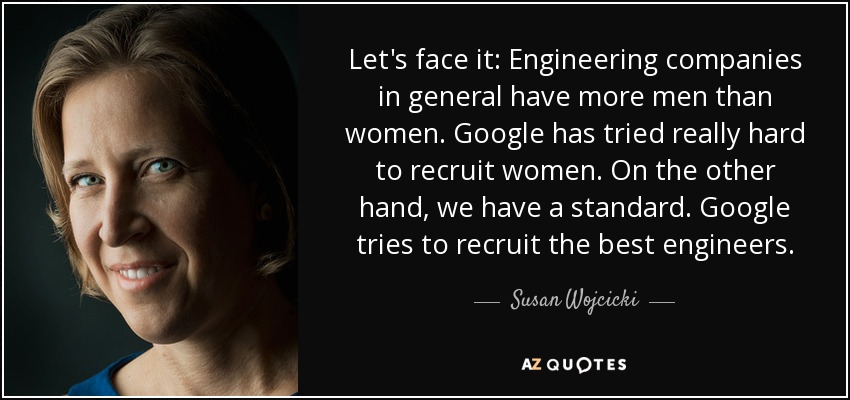 Let's face it: Engineering companies in general have more men than women. Google has tried really hard to recruit women. On the other hand, we have a standard. Google tries to recruit the best engineers. - Susan Wojcicki