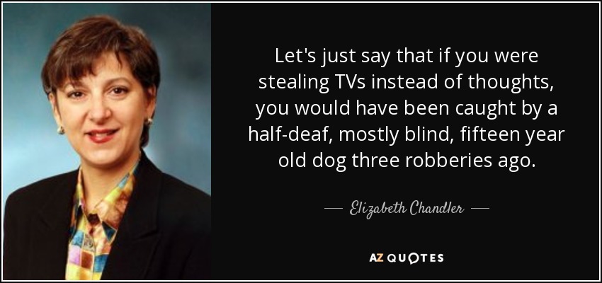 Let's just say that if you were stealing TVs instead of thoughts, you would have been caught by a half-deaf, mostly blind, fifteen year old dog three robberies ago. - Elizabeth Chandler