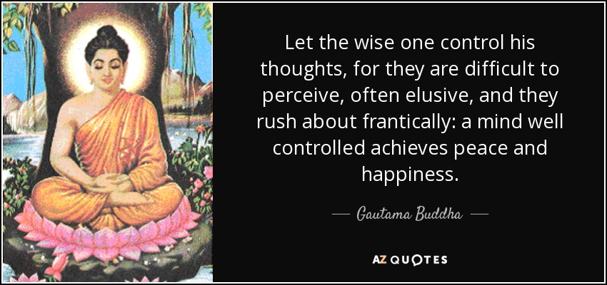 Let the wise one control his thoughts, for they are difficult to perceive, often elusive, and they rush about frantically: a mind well controlled achieves peace and happiness. - Gautama Buddha