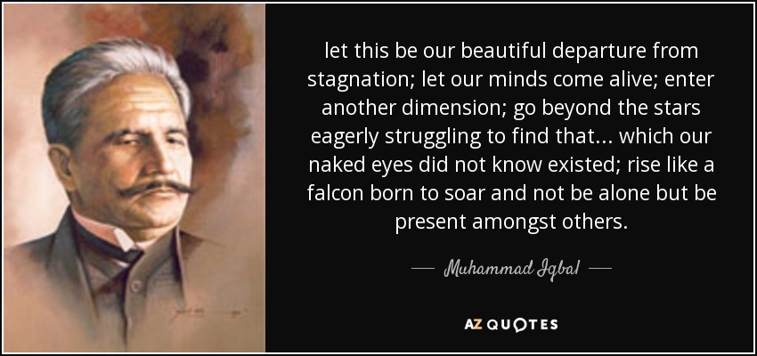 let this be our beautiful departure from stagnation; let our minds come alive; enter another dimension; go beyond the stars eagerly struggling to find that... which our naked eyes did not know existed; rise like a falcon born to soar and not be alone but be present amongst others. - Muhammad Iqbal