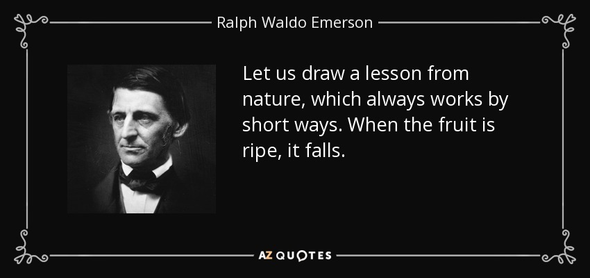 Let us draw a lesson from nature, which always works by short ways. When the fruit is ripe, it falls. - Ralph Waldo Emerson