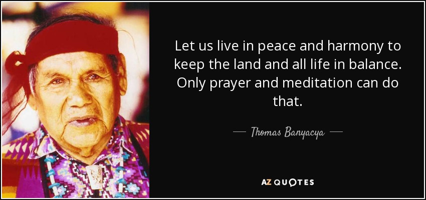 Let us live in peace and harmony to keep the land and all life in balance. Only prayer and meditation can do that. - Thomas Banyacya
