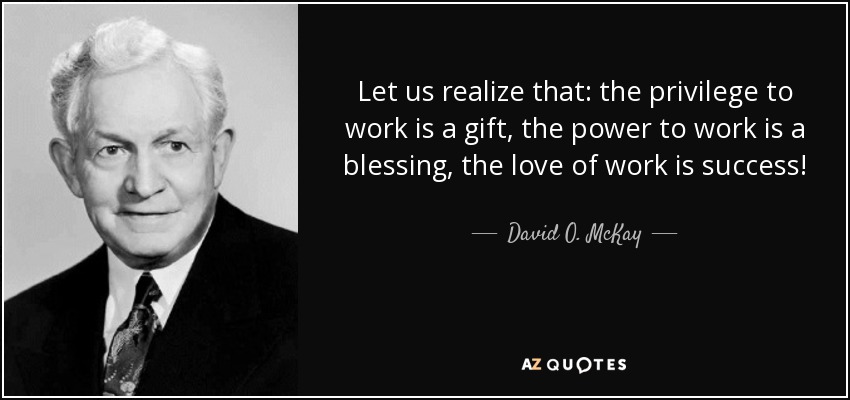 Let us realize that: the privilege to work is a gift, the power to work is a blessing, the love of work is success! - David O. McKay