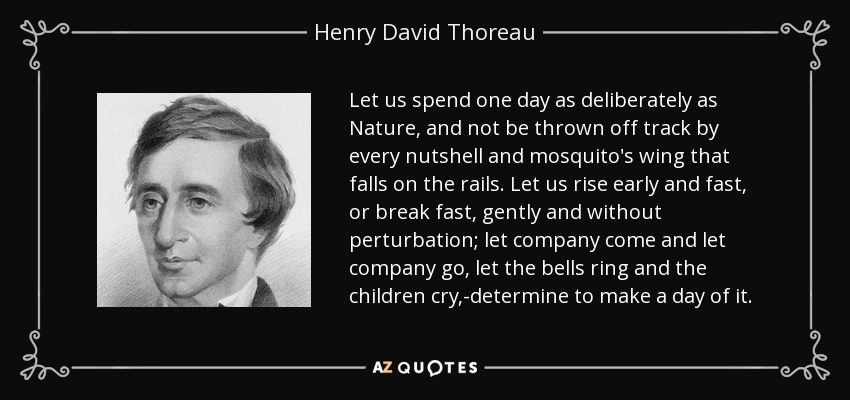 Let us spend one day as deliberately as Nature, and not be thrown off track by every nutshell and mosquito's wing that falls on the rails. Let us rise early and fast, or break fast, gently and without perturbation; let company come and let company go, let the bells ring and the children cry,-determine to make a day of it. - Henry David Thoreau