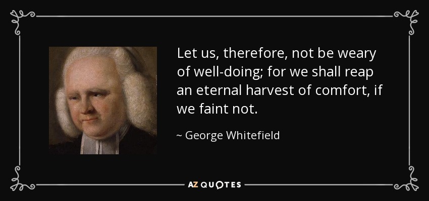 Let us, therefore, not be weary of well-doing; for we shall reap an eternal harvest of comfort, if we faint not. - George Whitefield