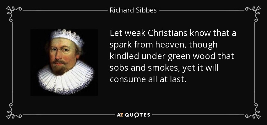 Let weak Christians know that a spark from heaven, though kindled under green wood that sobs and smokes, yet it will consume all at last. - Richard Sibbes
