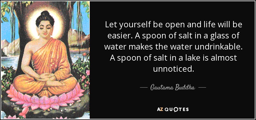 Let yourself be open and life will be easier. A spoon of salt in a glass of water makes the water undrinkable. A spoon of salt in a lake is almost unnoticed. - Gautama Buddha