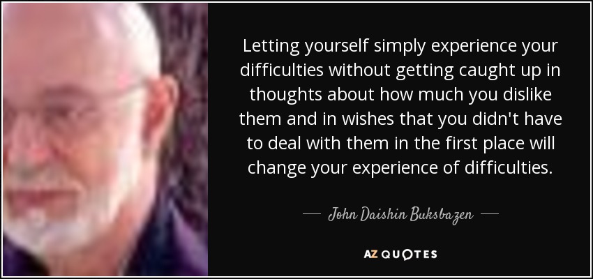 Letting yourself simply experience your difficulties without getting caught up in thoughts about how much you dislike them and in wishes that you didn't have to deal with them in the first place will change your experience of difficulties. - John Daishin Buksbazen