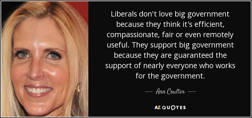 Liberals don't love big government because they think it's efficient, compassionate, fair or even remotely useful. They support big government because they are guaranteed the support of nearly everyone who works for the government. - Ann Coulter