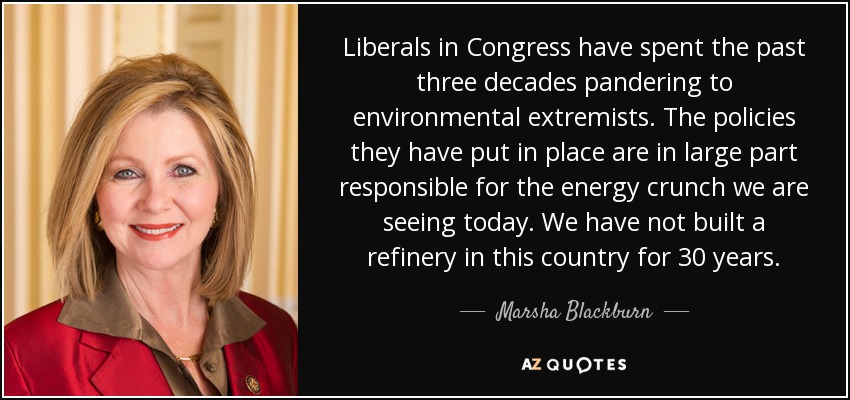 Liberals in Congress have spent the past three decades pandering to environmental extremists. The policies they have put in place are in large part responsible for the energy crunch we are seeing today. We have not built a refinery in this country for 30 years. - Marsha Blackburn