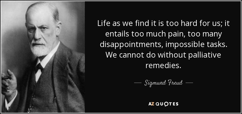 Life as we find it is too hard for us; it entails too much pain, too many disappointments, impossible tasks. We cannot do without palliative remedies. - Sigmund Freud