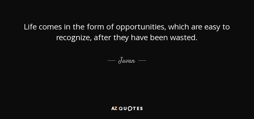 Life comes in the form of opportunities, which are easy to recognize, after they have been wasted. - Javan