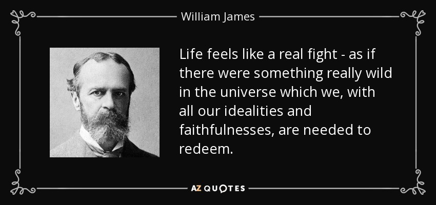Life feels like a real fight - as if there were something really wild in the universe which we, with all our idealities and faithfulnesses, are needed to redeem. - William James