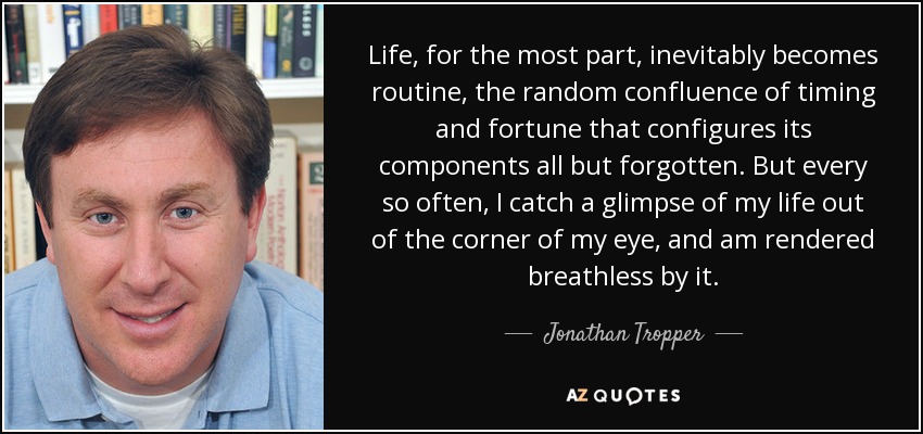 Life, for the most part, inevitably becomes routine, the random confluence of timing and fortune that configures its components all but forgotten. But every so often, I catch a glimpse of my life out of the corner of my eye, and am rendered breathless by it. - Jonathan Tropper