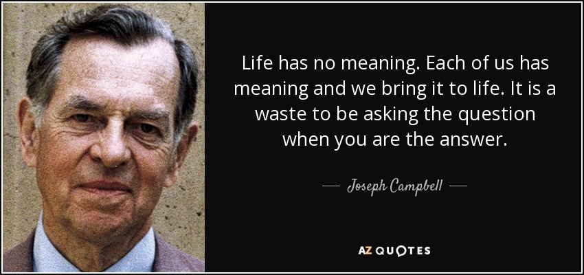 Life has no meaning. Each of us has meaning and we bring it to life. It is a waste to be asking the question when you are the answer. - Joseph Campbell