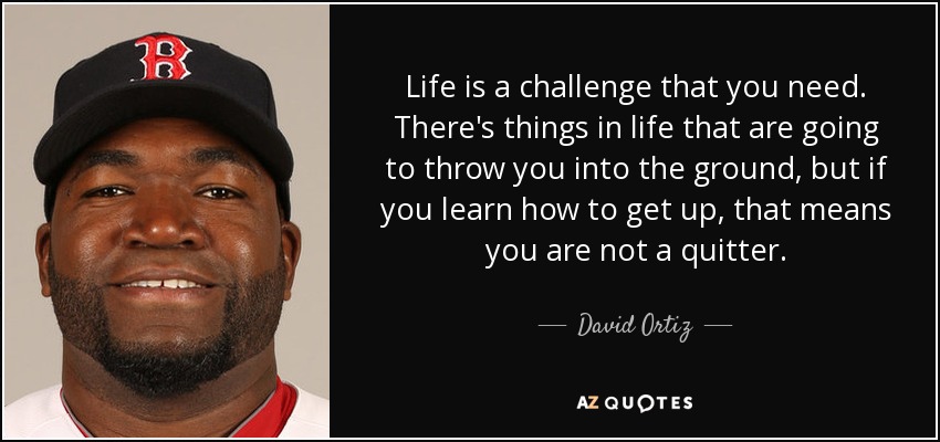 Life is a challenge that you need. There's things in life that are going to throw you into the ground, but if you learn how to get up, that means you are not a quitter. - David Ortiz